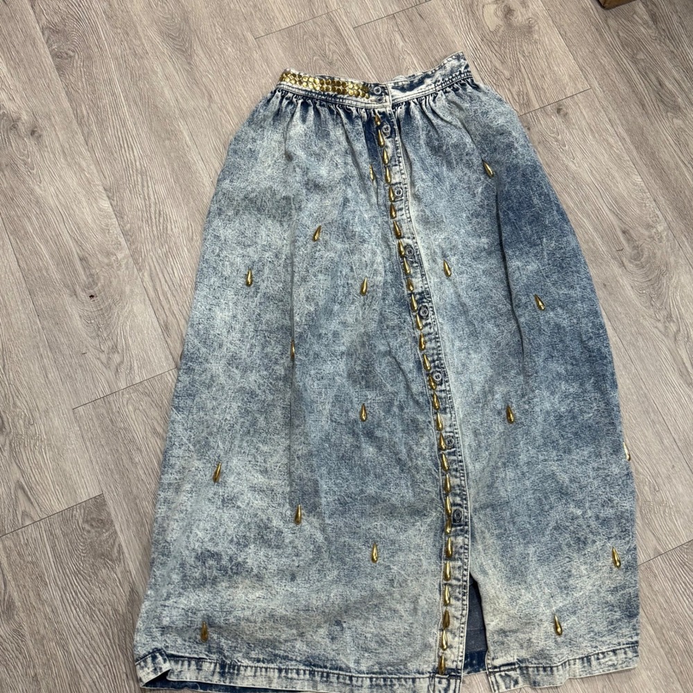 Vintage Calvin Klein Sport Acid Wash Denim Studded Midi Skirt Size 6 Made in USA